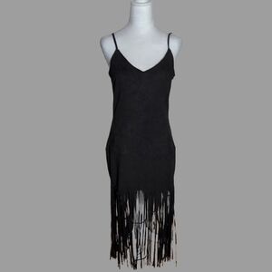 Sugar + Lips Faux Suede Leather Dress Black Sleeveless Fringed Hem Mini Sz S